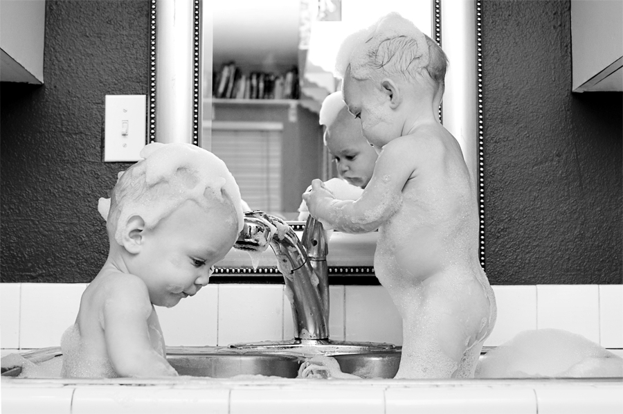 babies in sink, sink bath, twins in sink, bathing twins, bathing baby