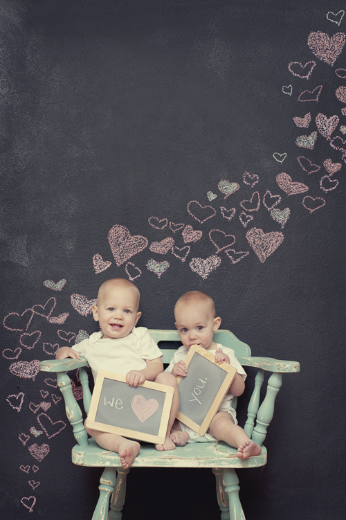 valentines day babies, chalkboard wall, hearts, twins with hearts